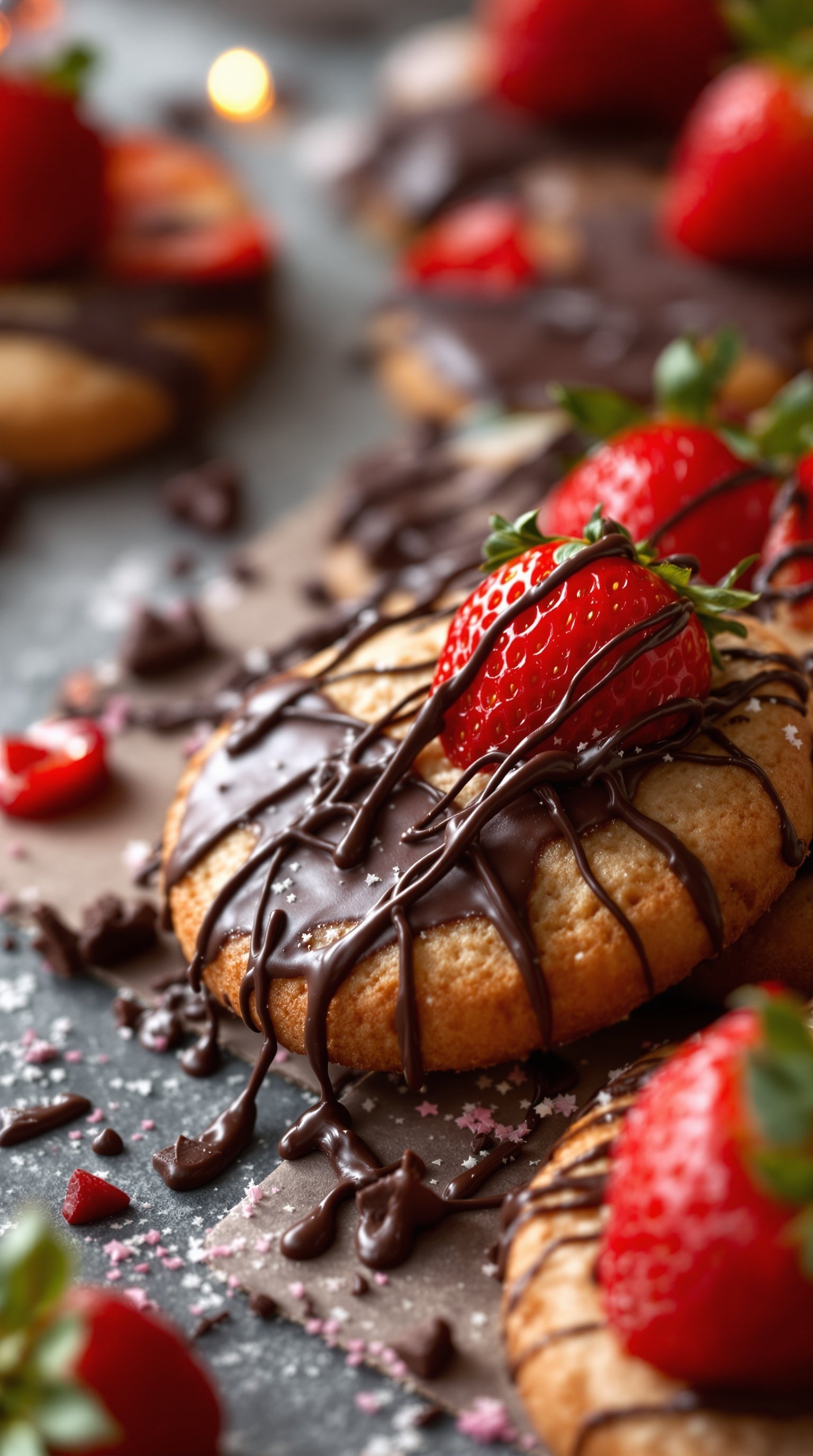 Chocolate-dipped strawberry cookies with fresh strawberries on top, drizzled with chocolate.