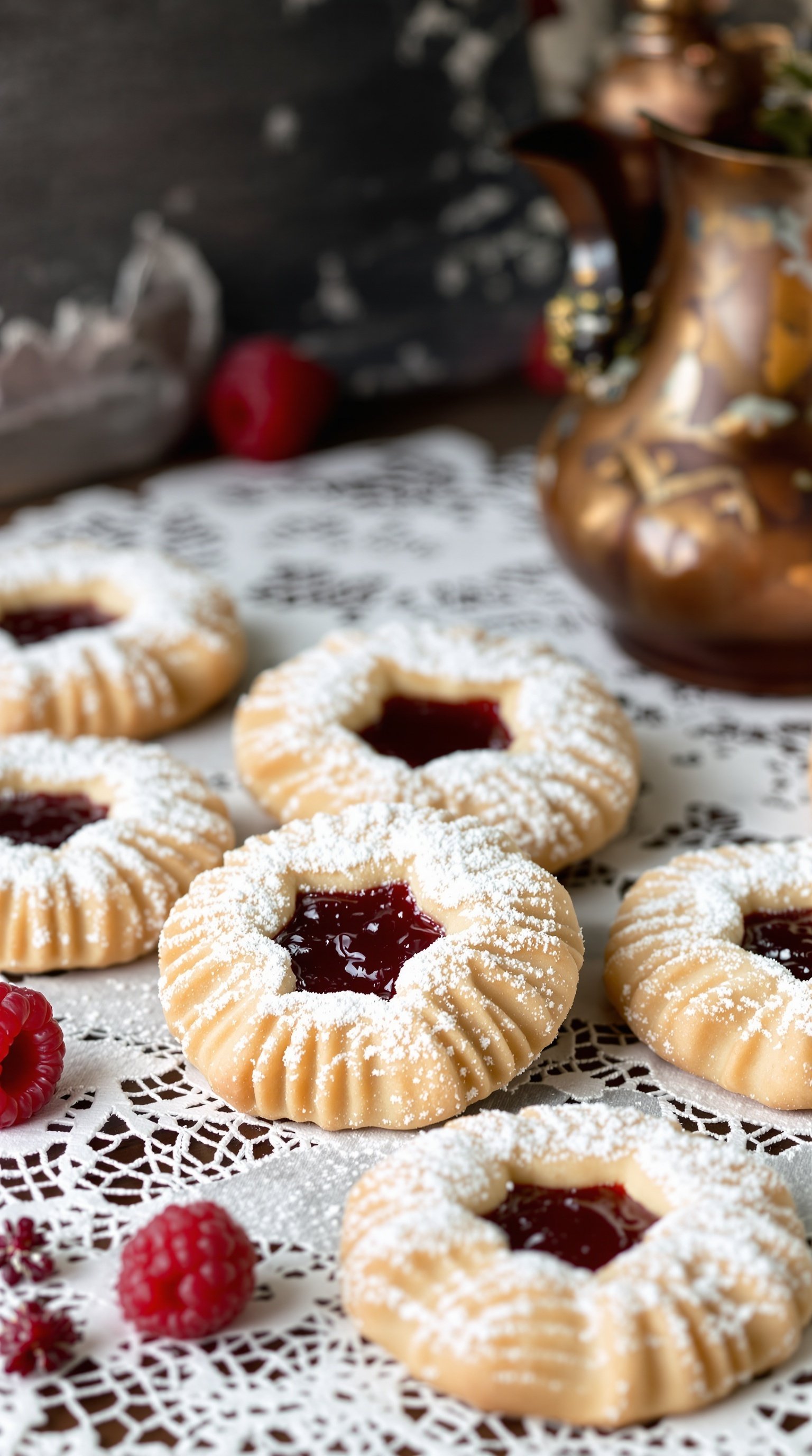A plate of raspberry jam-filled Linzer cookies dusted with powdered sugar, surrounded by fresh raspberries.
