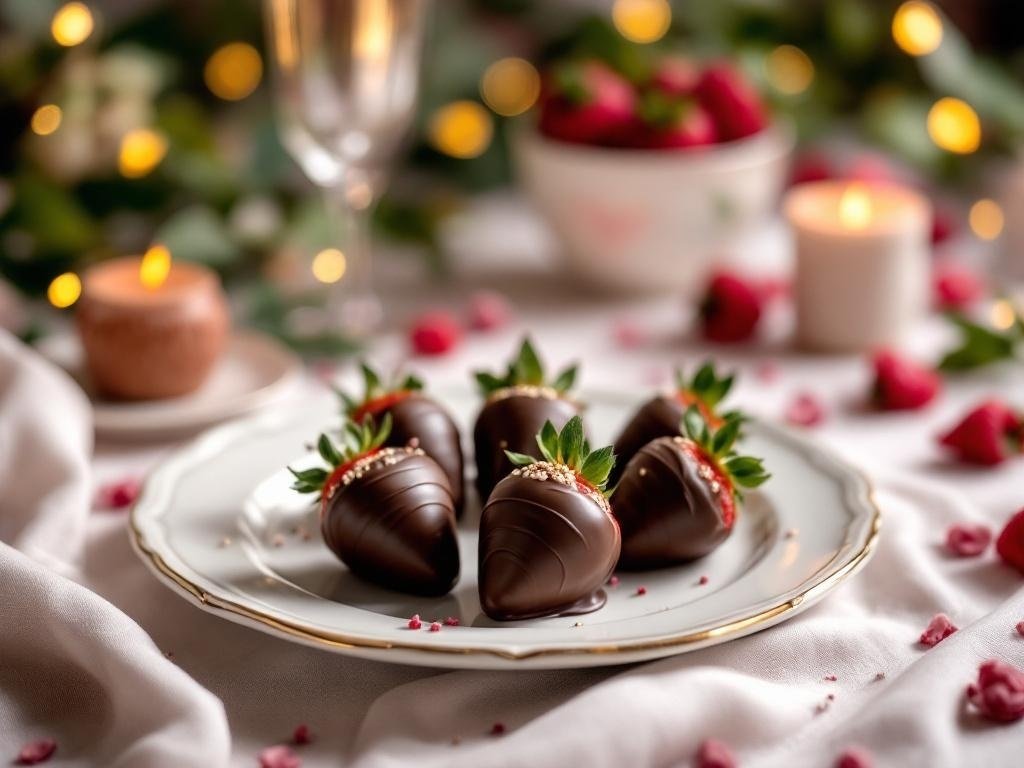 A plate of chocolate-covered strawberries with a romantic setting, including candles and rose petals.