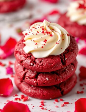 Three stacked red velvet cookies with cream cheese frosting, surrounded by rose petals and red sprinkles.