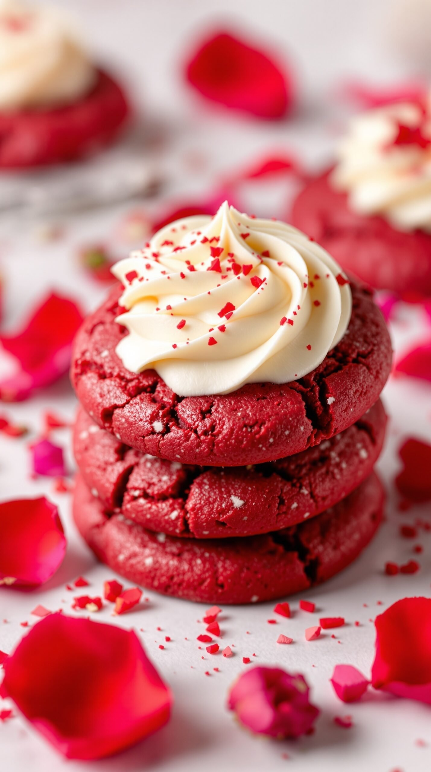 Three stacked red velvet cookies with cream cheese frosting, surrounded by rose petals and red sprinkles.