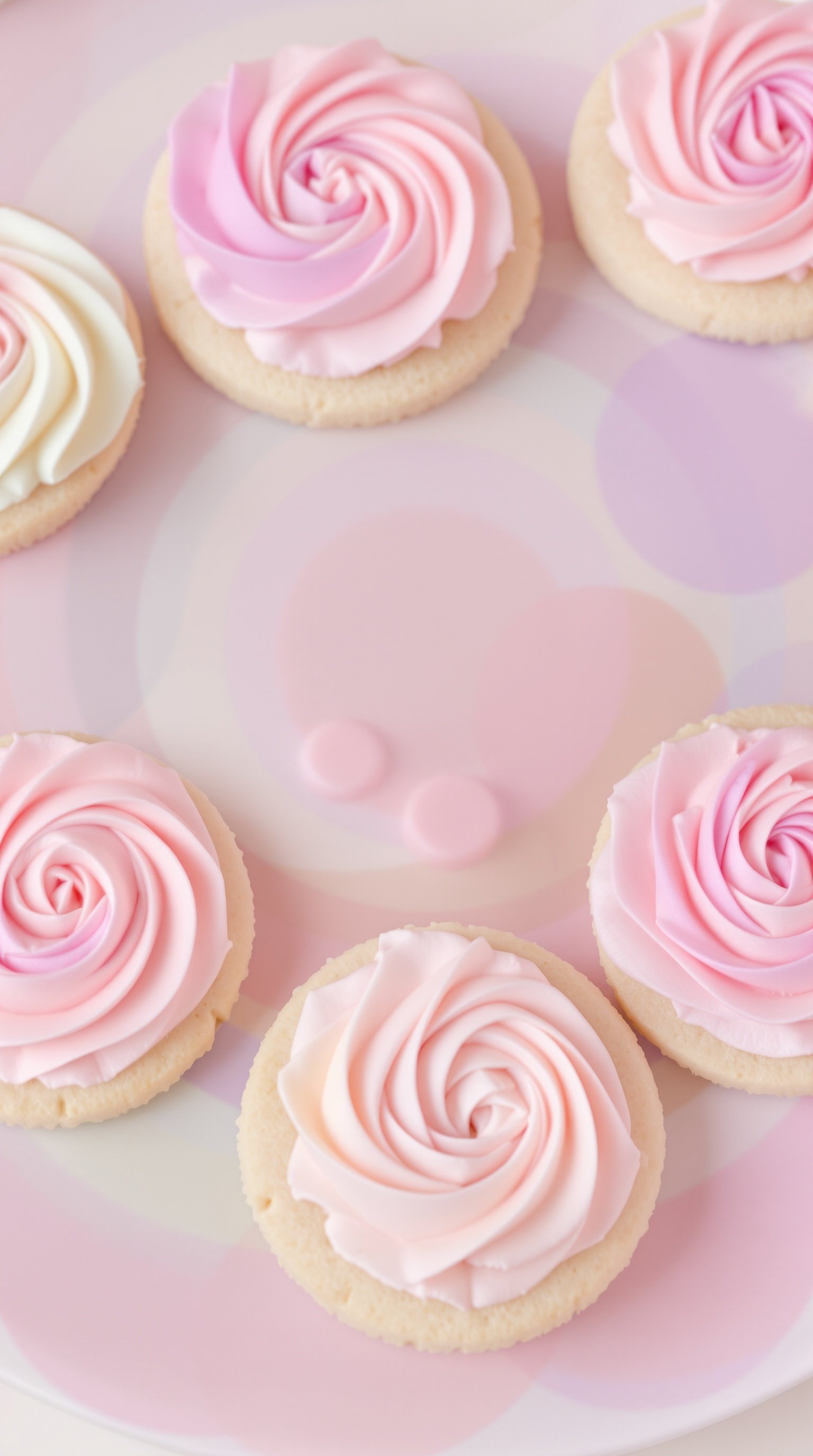 Ombre buttercream frosted cookies in shades of pink, arranged on a pastel plate.