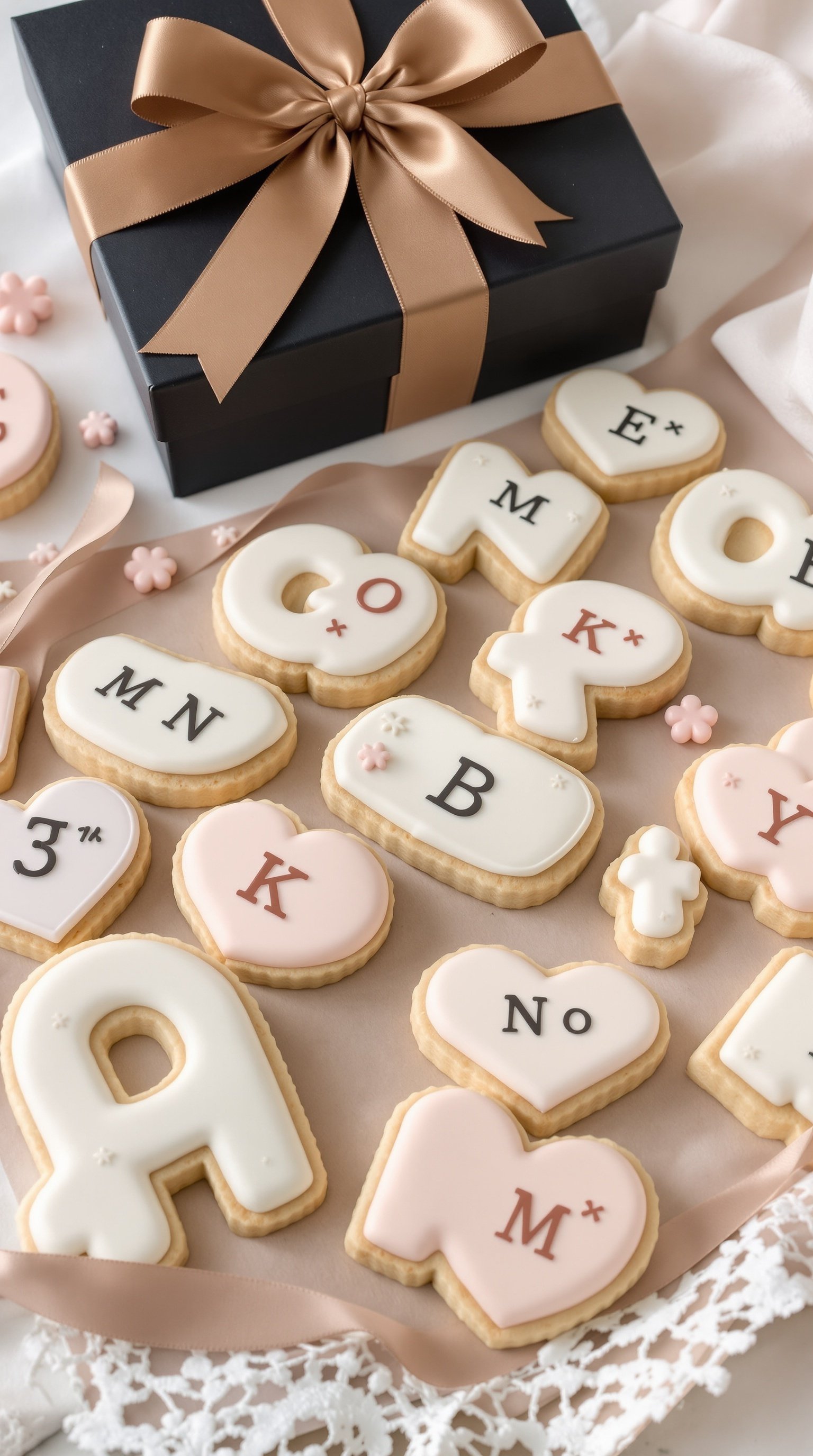 An assortment of personalized initial cookies decorated for Valentine's Day