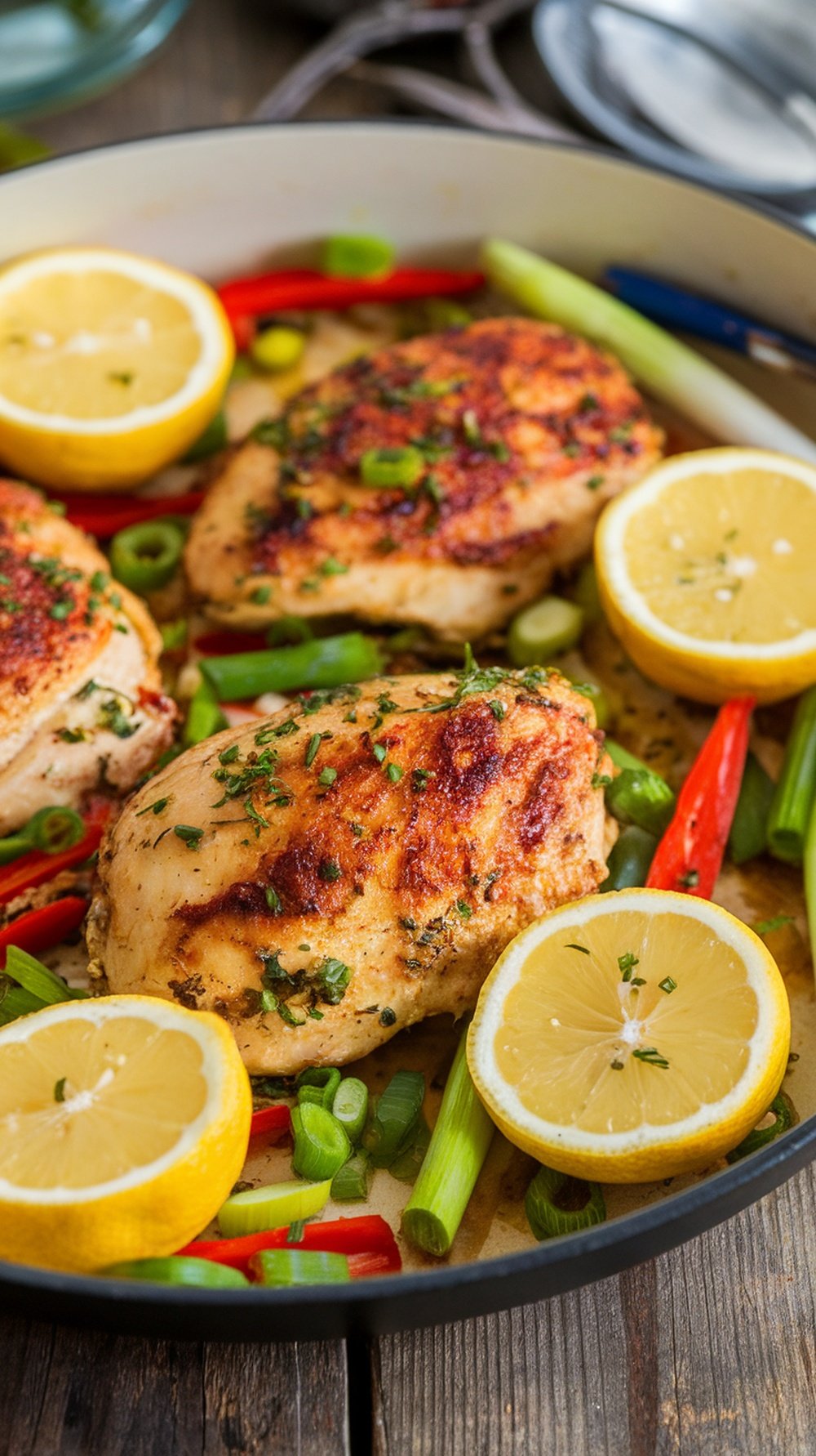 A one-pan dish featuring lemon garlic chicken breasts surrounded by colorful vegetables and lemon slices.