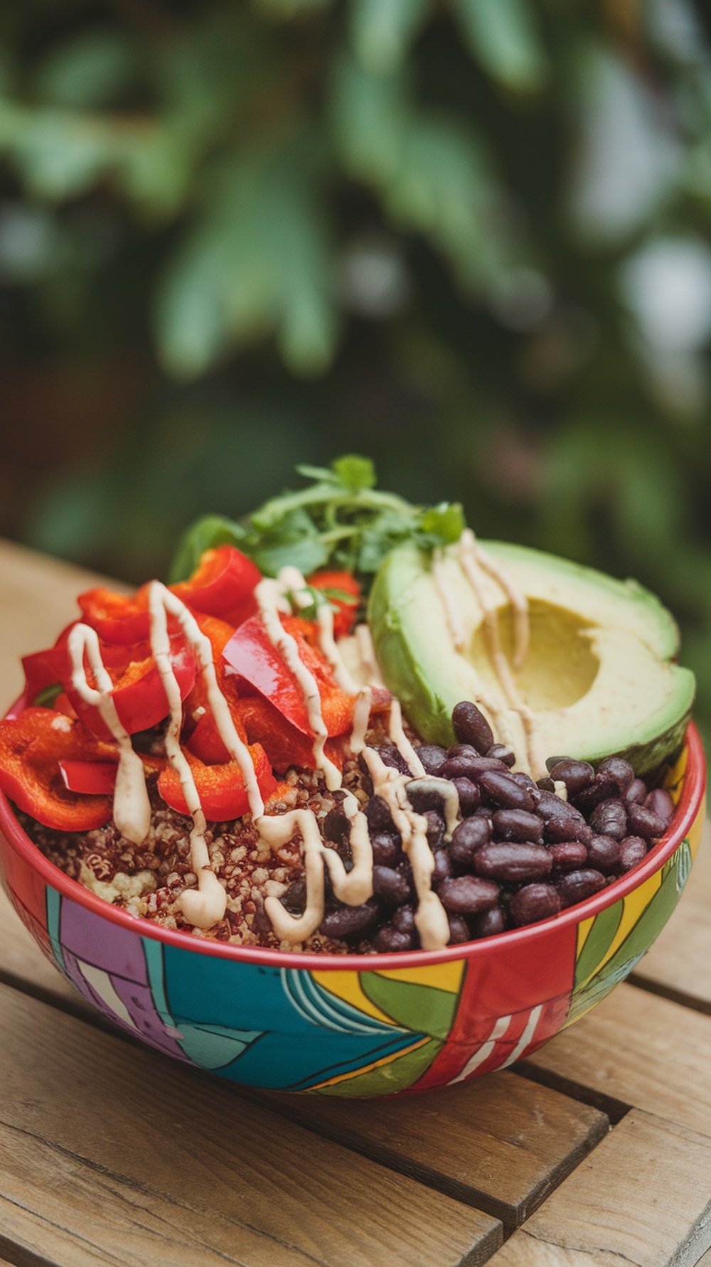 A colorful Vegetable Quinoa Bowl with red bell peppers, black beans, and avocado dressing in a vibrant bowl.