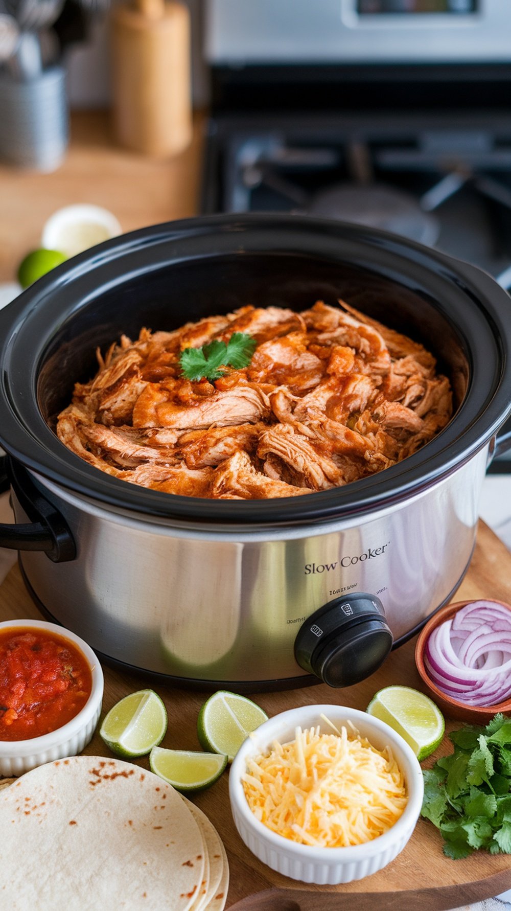 A slow cooker filled with shredded chicken for tacos, surrounded by tortillas, salsa, lime wedges, cheese, and onions.