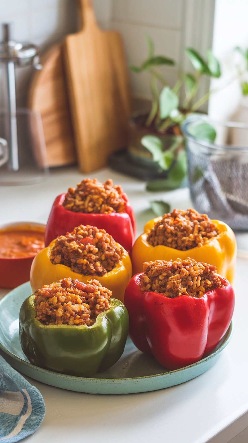 Colorful stuffed bell peppers filled with ground turkey and rice, placed on a plate.