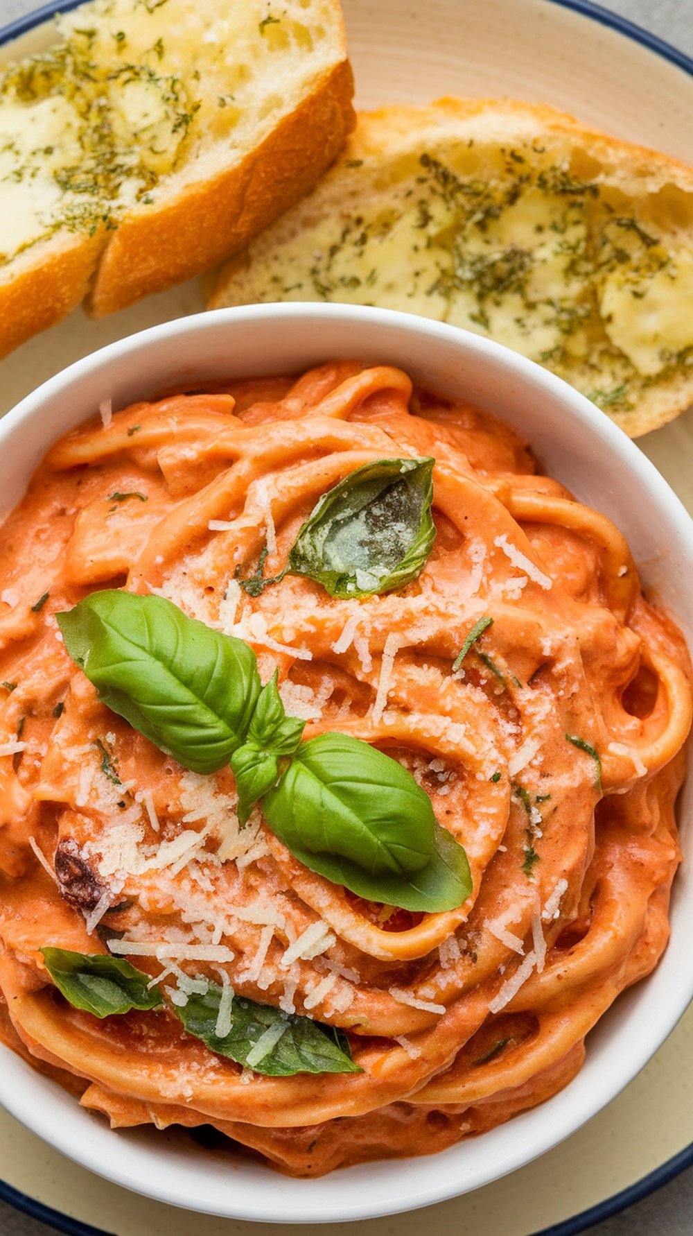 A bowl of creamy tomato basil pasta topped with fresh basil and parmesan cheese, served with garlic bread.