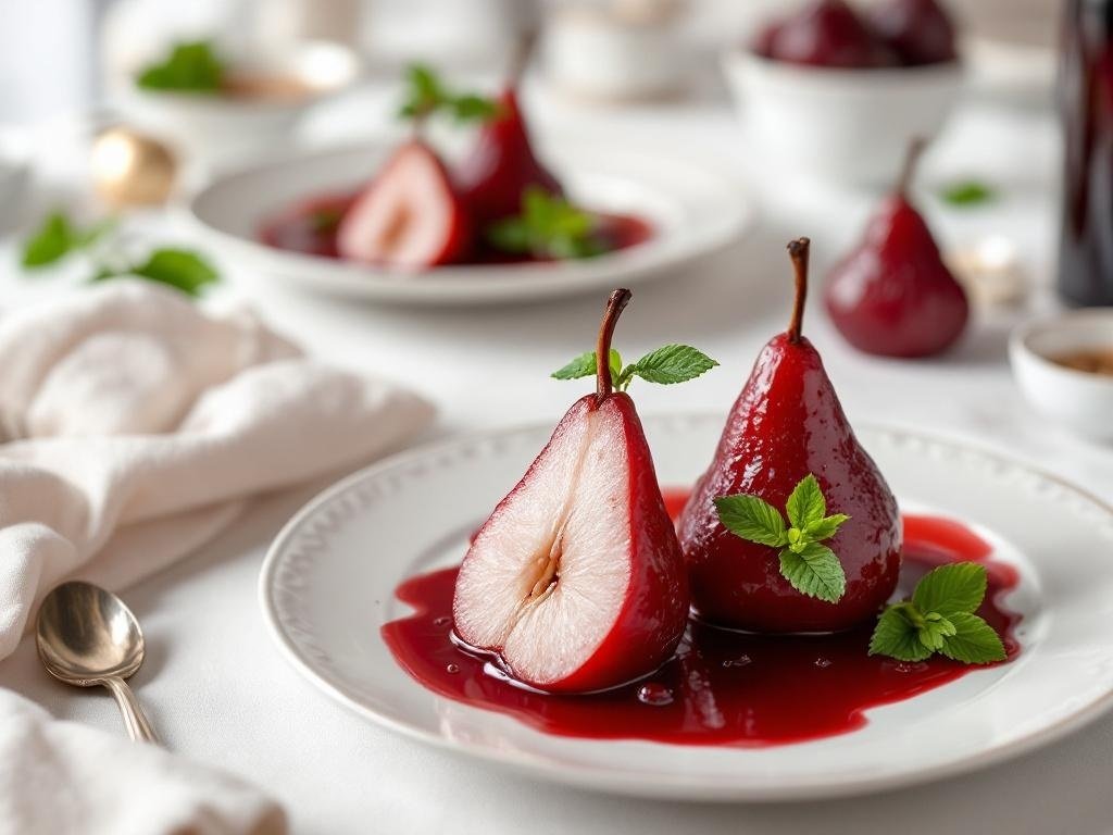 Two red wine poached pears on a white plate, garnished with mint leaves and surrounded by a rich red sauce.