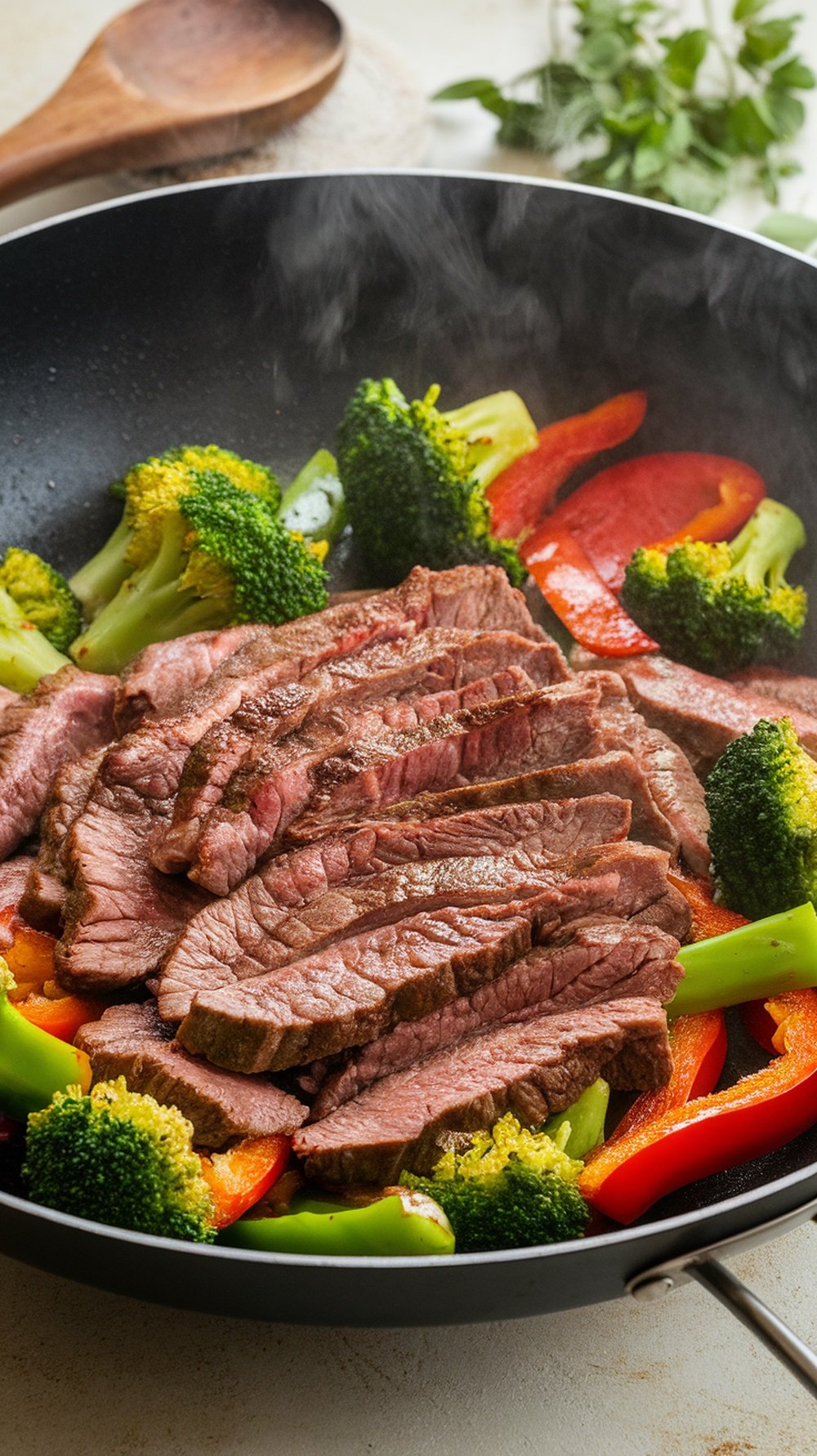 A delicious beef stir-fry with broccoli and bell peppers in a black pan.