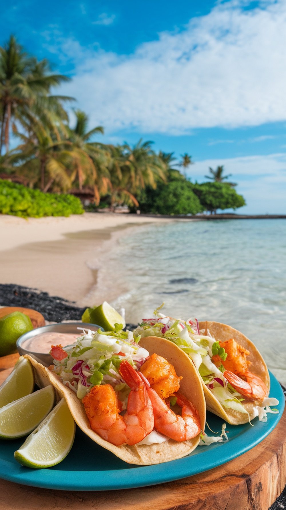 Spicy shrimp tacos with cabbage slaw on a blue plate, served with lime wedges and a creamy dipping sauce, set against a beach background.