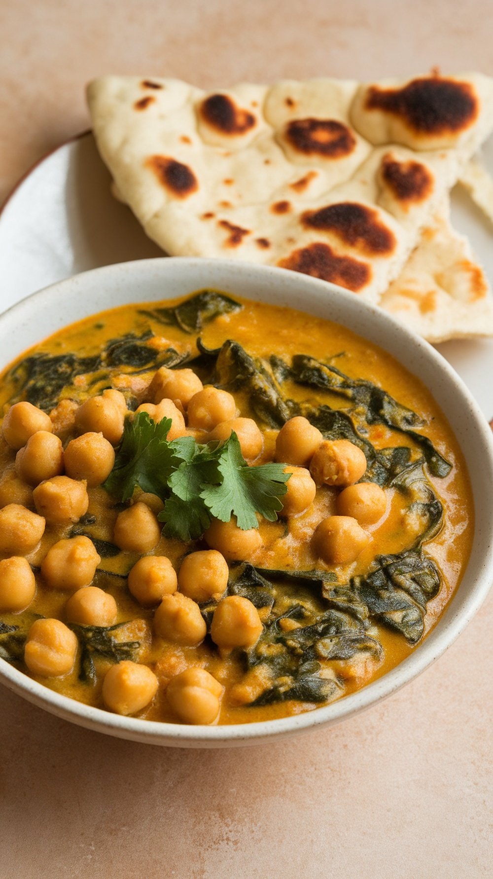 A bowl of chickpea curry with spinach, garnished with cilantro, served with naan bread.