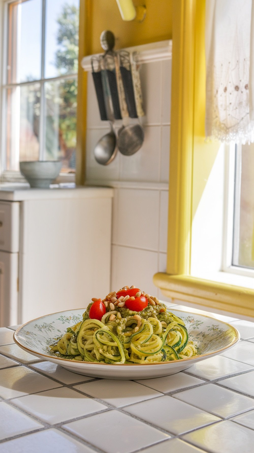 A plate of zucchini noodles with pesto and cherry tomatoes, set in a cozy kitchen.