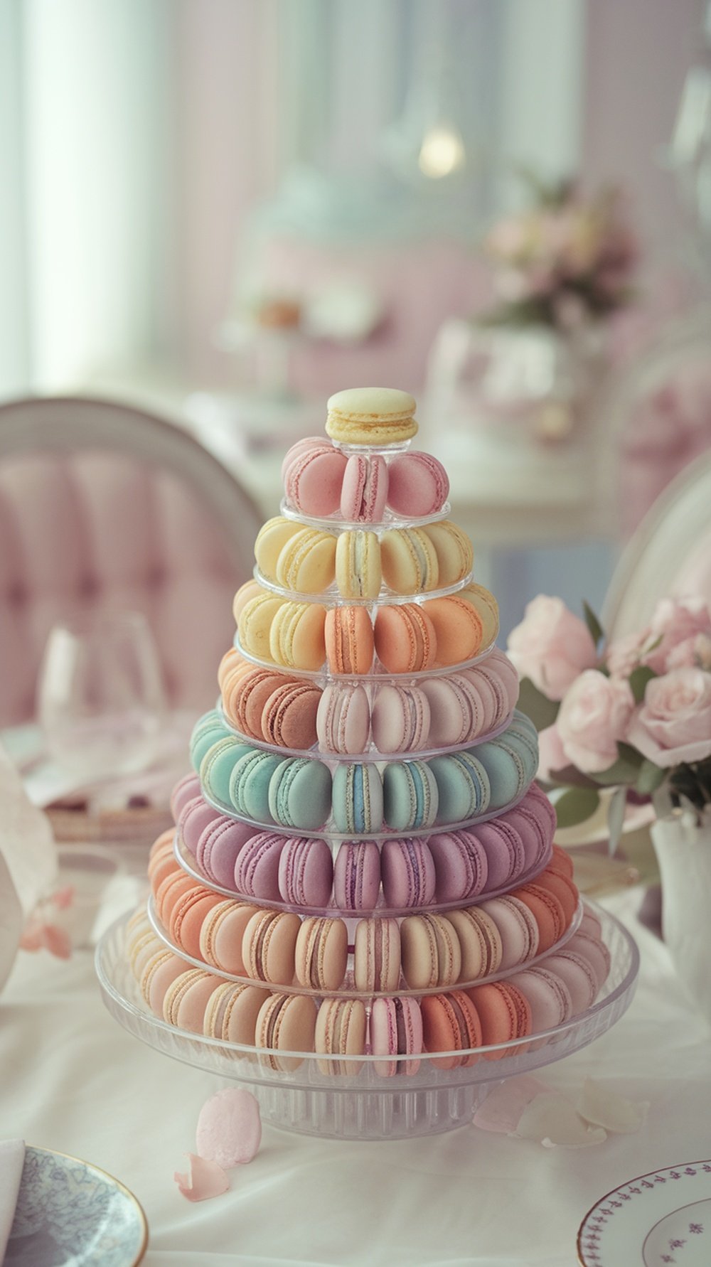 A colorful macaron tower displayed elegantly on a table, perfect for Valentine's Day.