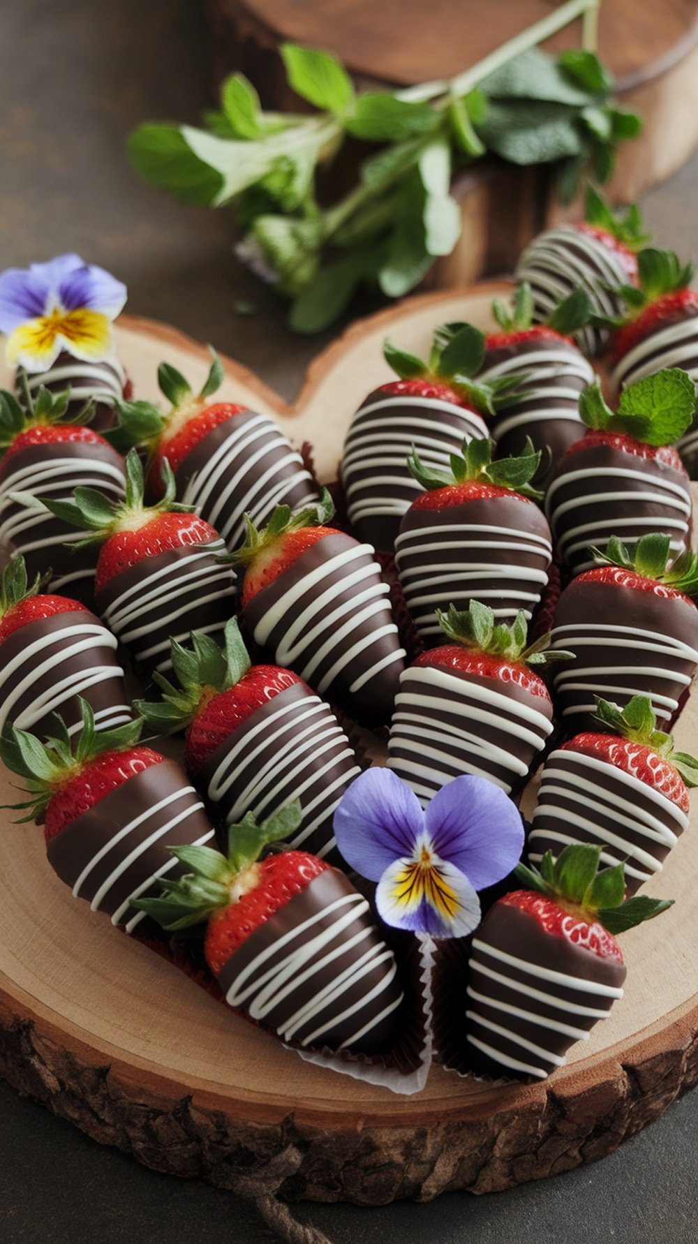 A heart-shaped arrangement of chocolate-dipped strawberries with white chocolate drizzle and a purple flower.