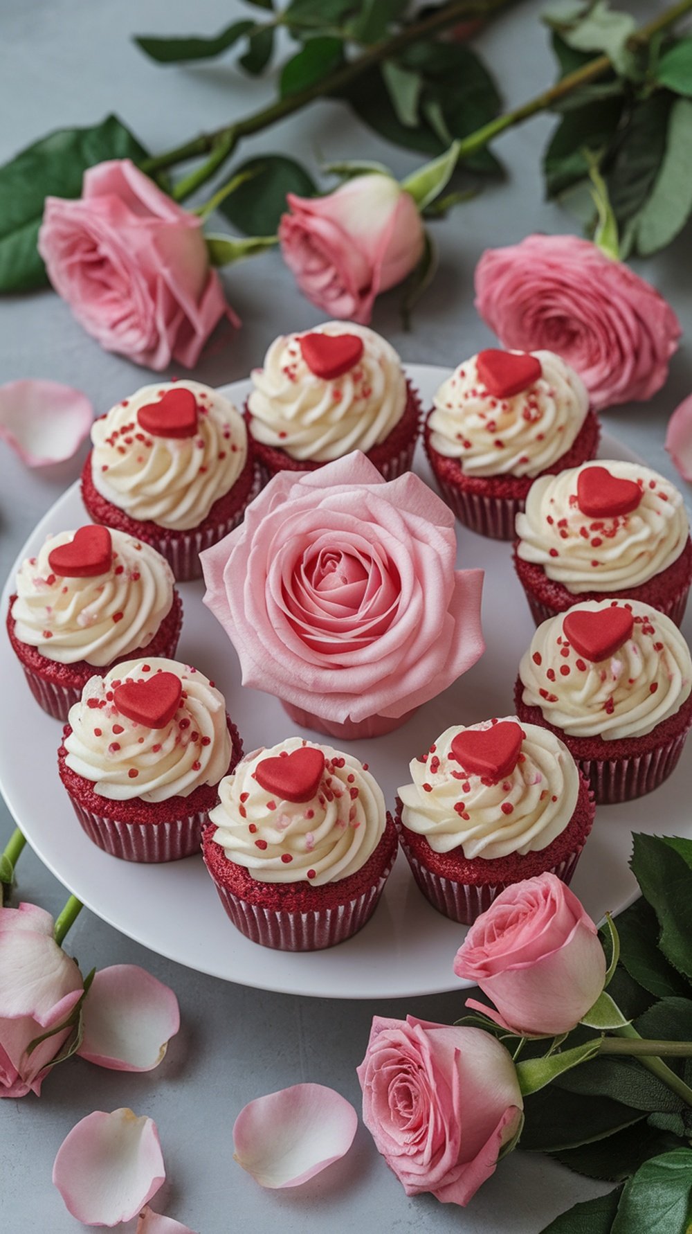 A plate of red velvet cupcakes with cream cheese frosting, decorated with red heart shapes and surrounded by pink roses.