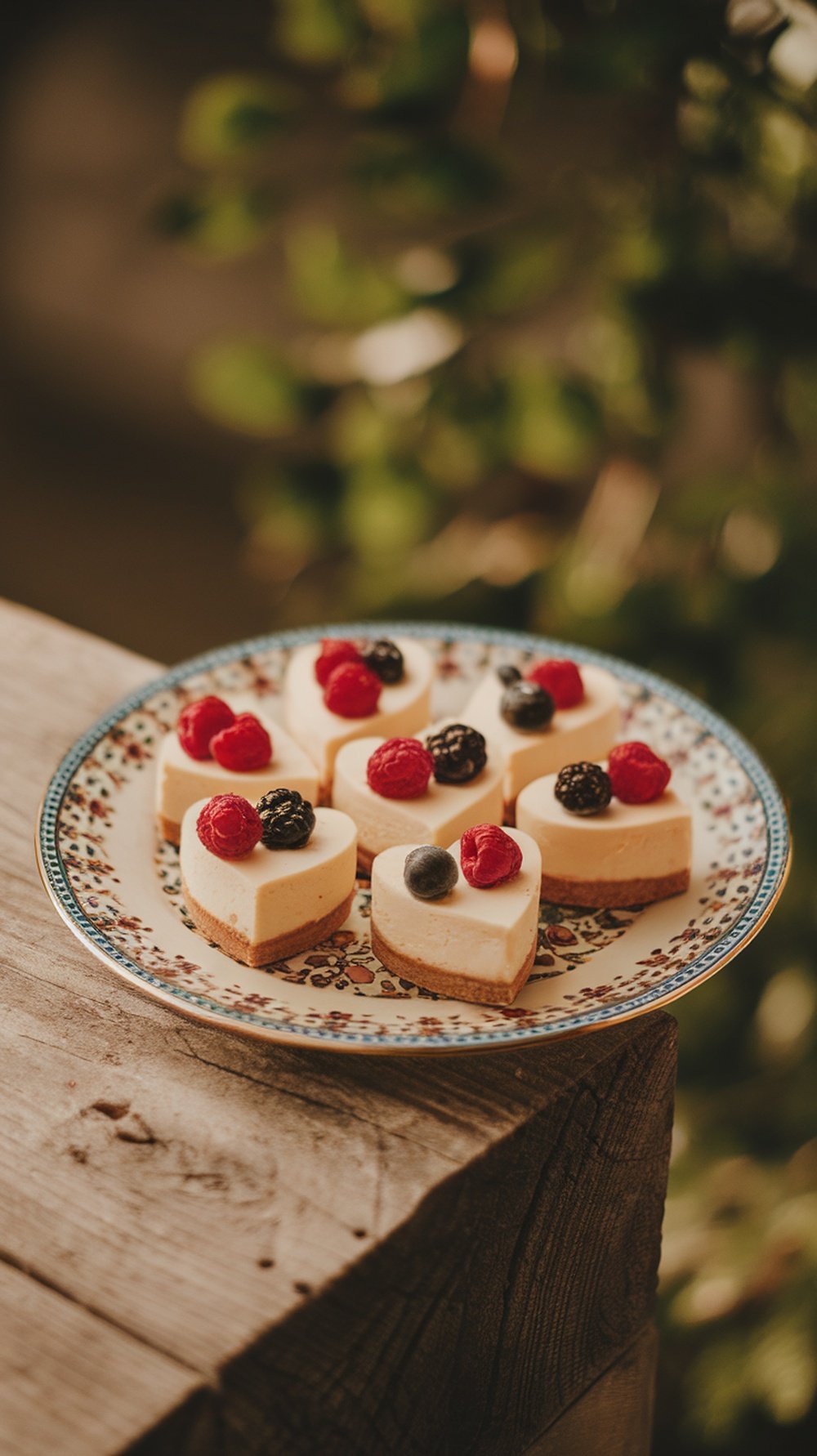 A plate of heart-shaped cheesecake bites topped with raspberries and blueberries.