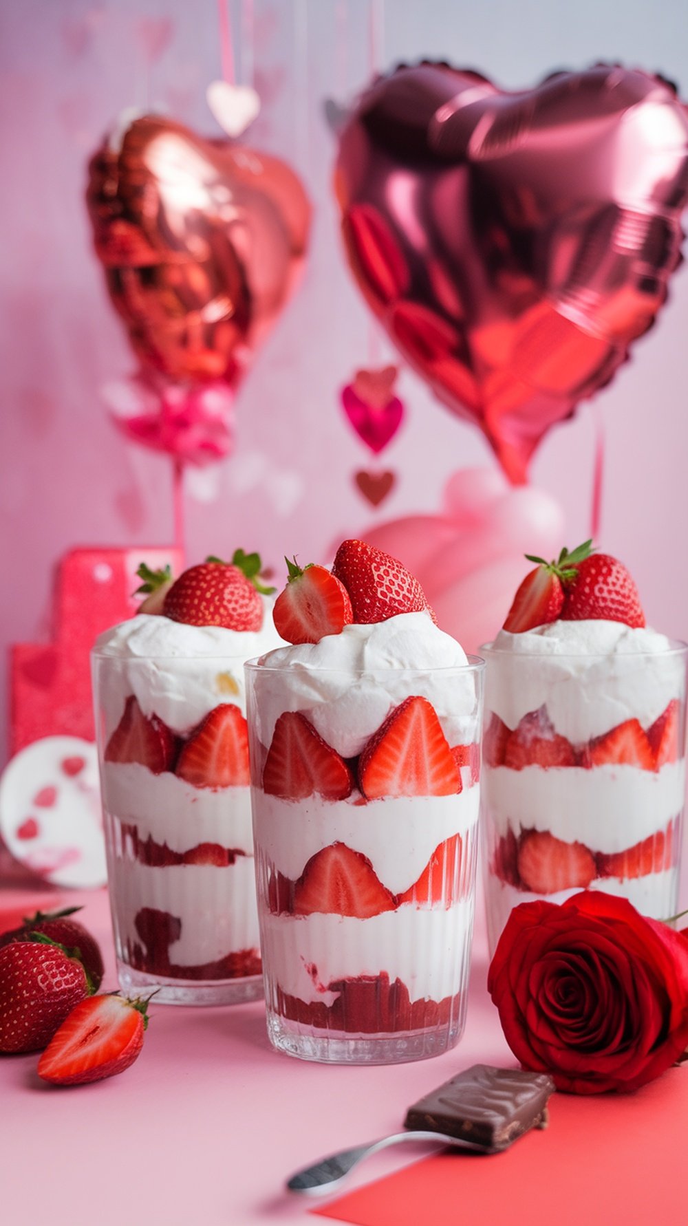 Strawberry shortcake parfaits in glasses with strawberries and whipped cream, surrounded by heart-shaped decorations.
