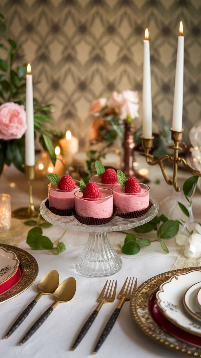 Raspberry mousse in chocolate cups displayed elegantly with candles and flowers