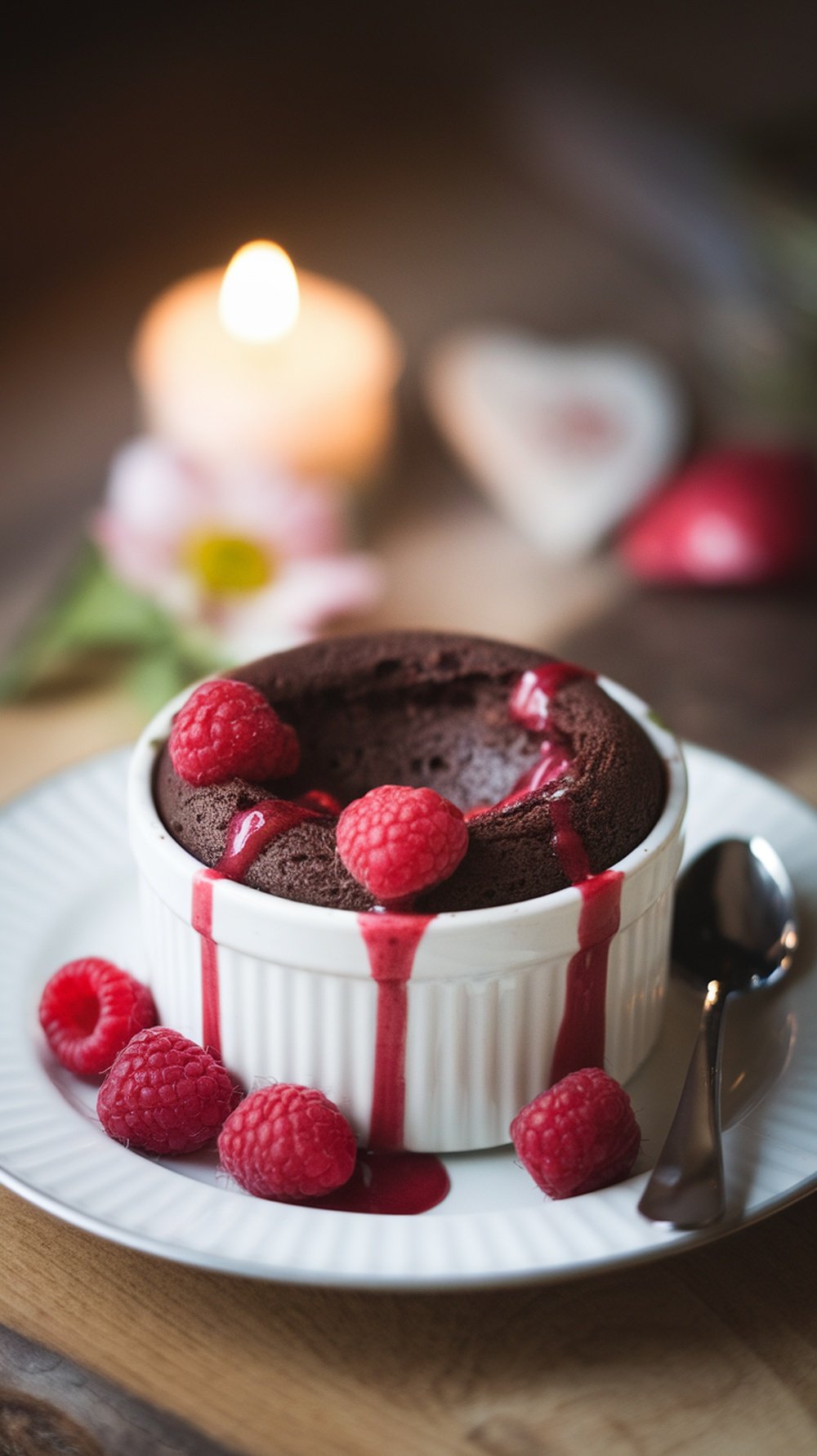 A chocolate lava cake served with raspberry coulis and fresh raspberries, with a candle in the background.
