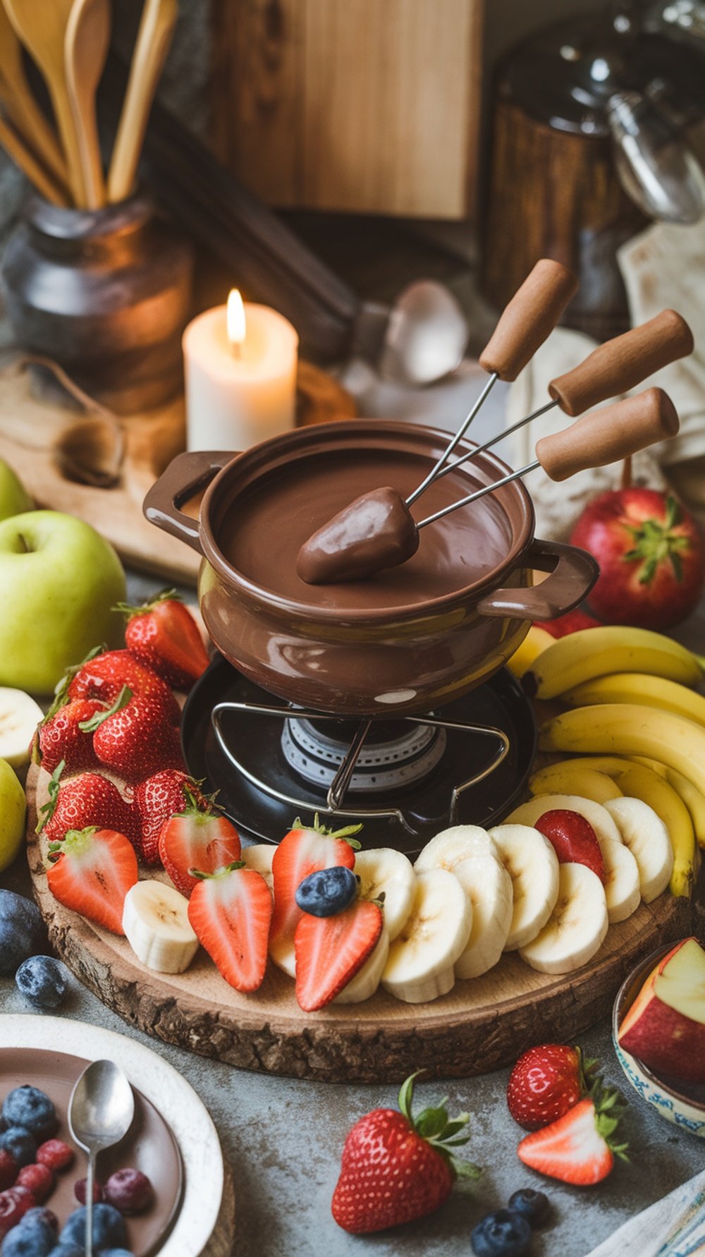 A chocolate fondue pot surrounded by fresh fruits like strawberries, bananas, and blueberries, perfect for sharing on Valentine's Day.