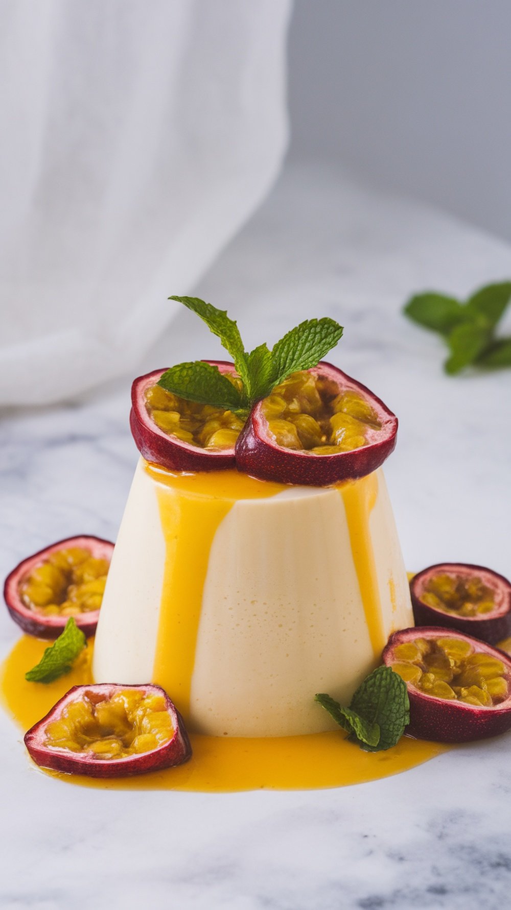 A creamy panna cotta topped with passion fruit sauce and garnished with mint leaves and fresh passion fruit halves.