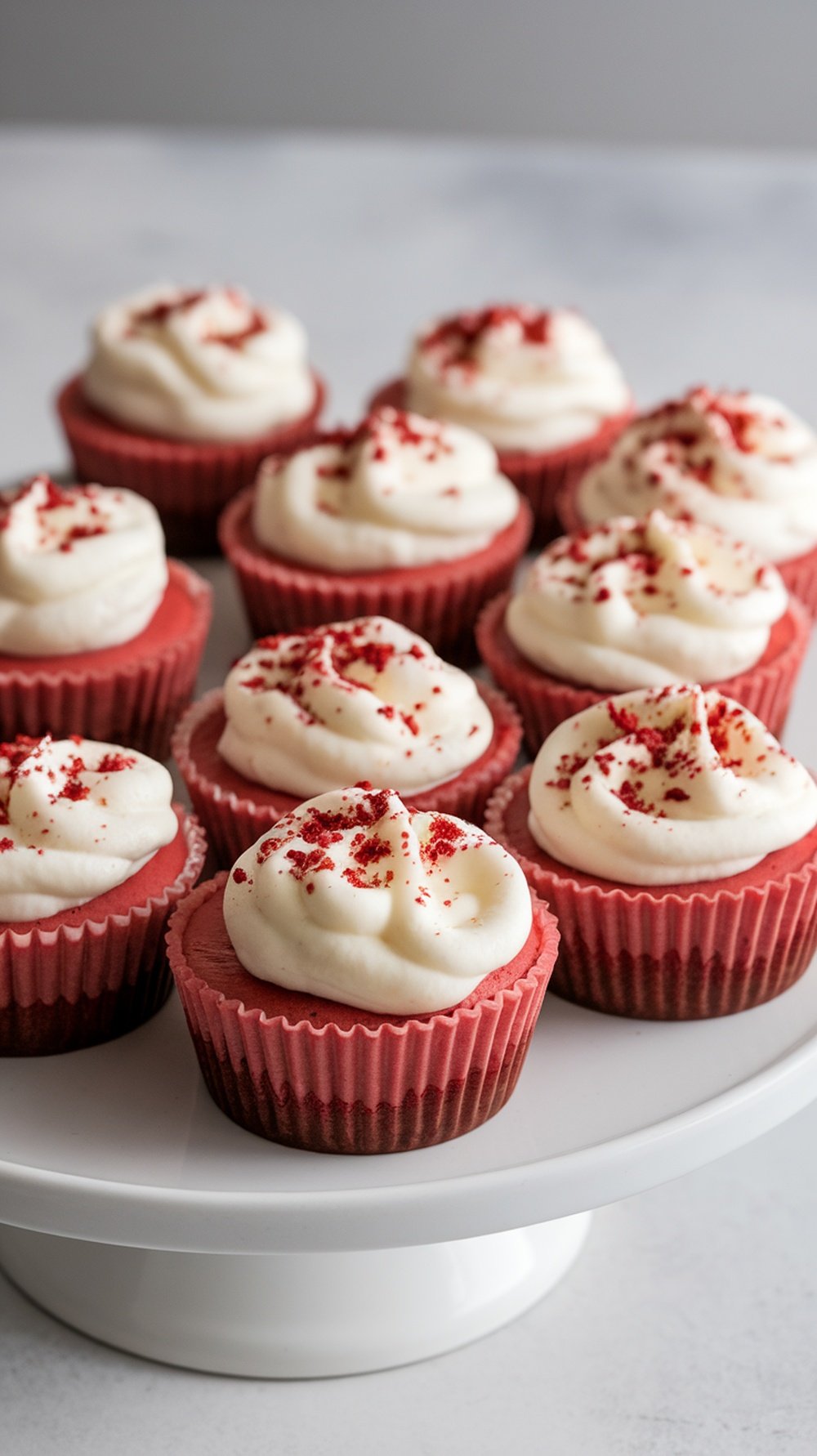 Red velvet cheesecake cups with cream cheese frosting and red velvet crumbs on top, displayed on a white cake stand.