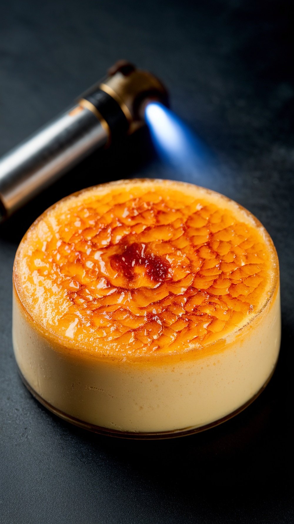 A close-up of vanilla bean crème brûlée with a kitchen torch in the background, showcasing a caramelized sugar topping.