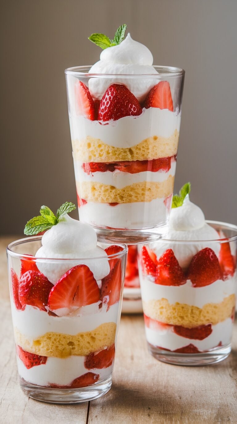 Three strawberry shortcake parfaits in clear glasses, layered with strawberries, sponge cake, and whipped cream, garnished with mint.