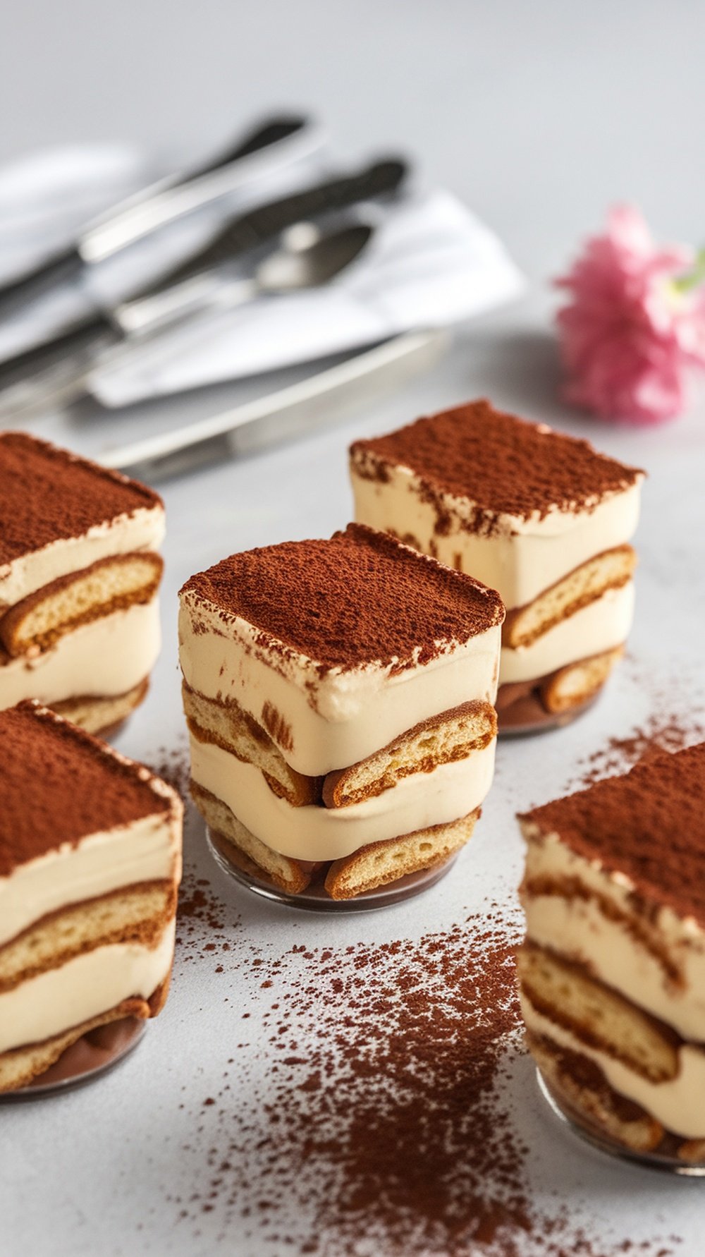 Mini tiramisu cups with layers of coffee-soaked ladyfingers and creamy mascarpone, topped with cocoa powder.