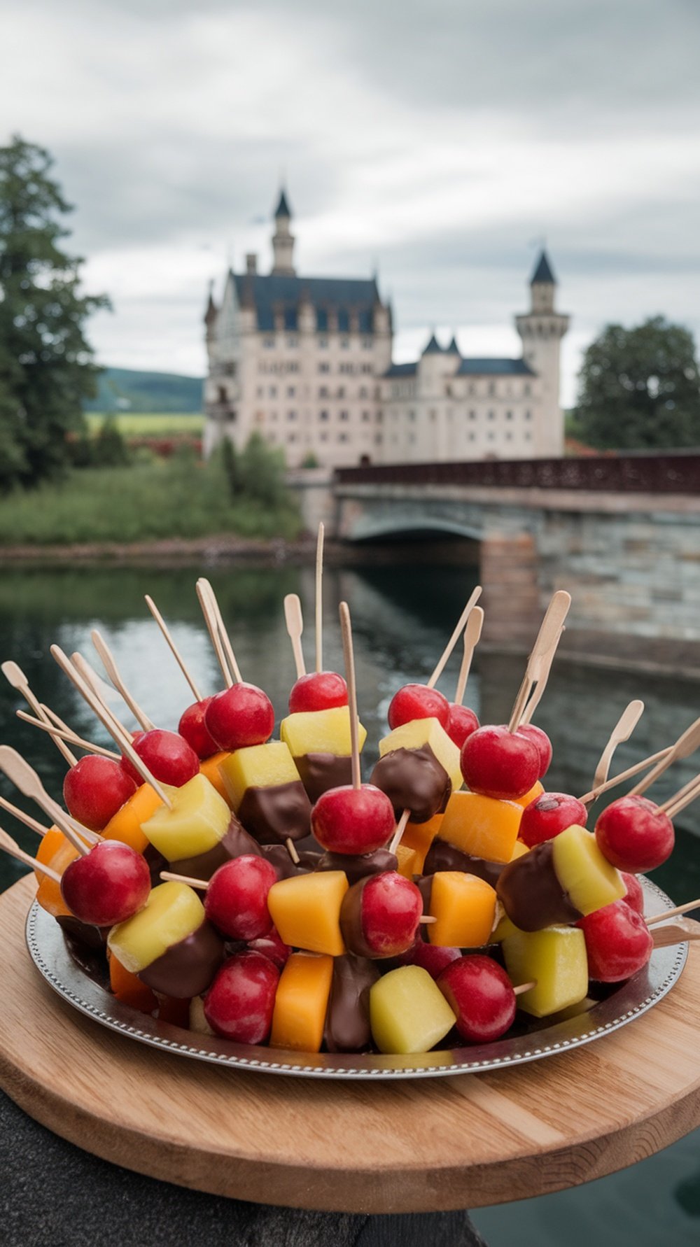 A platter of colorful chocolate-dipped fruit skewers with a castle in the background.