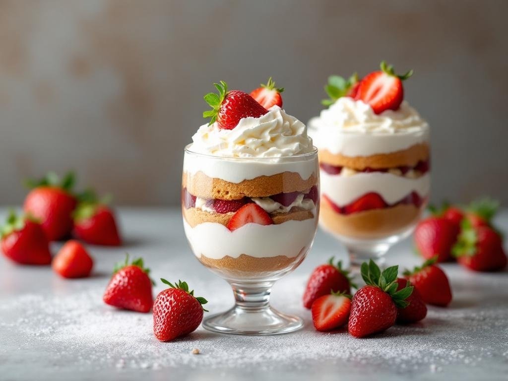 Two strawberry shortcake parfaits in glasses, topped with whipped cream and strawberries, surrounded by fresh strawberries.