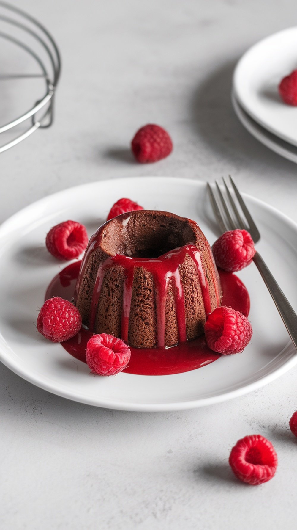 A chocolate lava cake topped with raspberry coulis and fresh raspberries on a white plate.