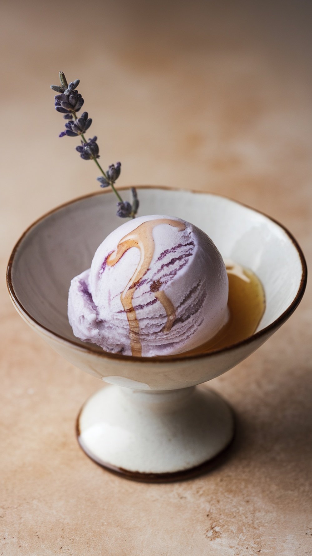 A bowl of lavender honey ice cream with a drizzle of honey and a sprig of lavender on top.