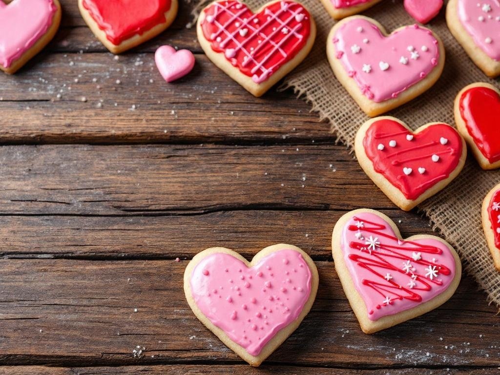 A variety of heart-shaped sugar cookies decorated with colorful icing on a wooden table.