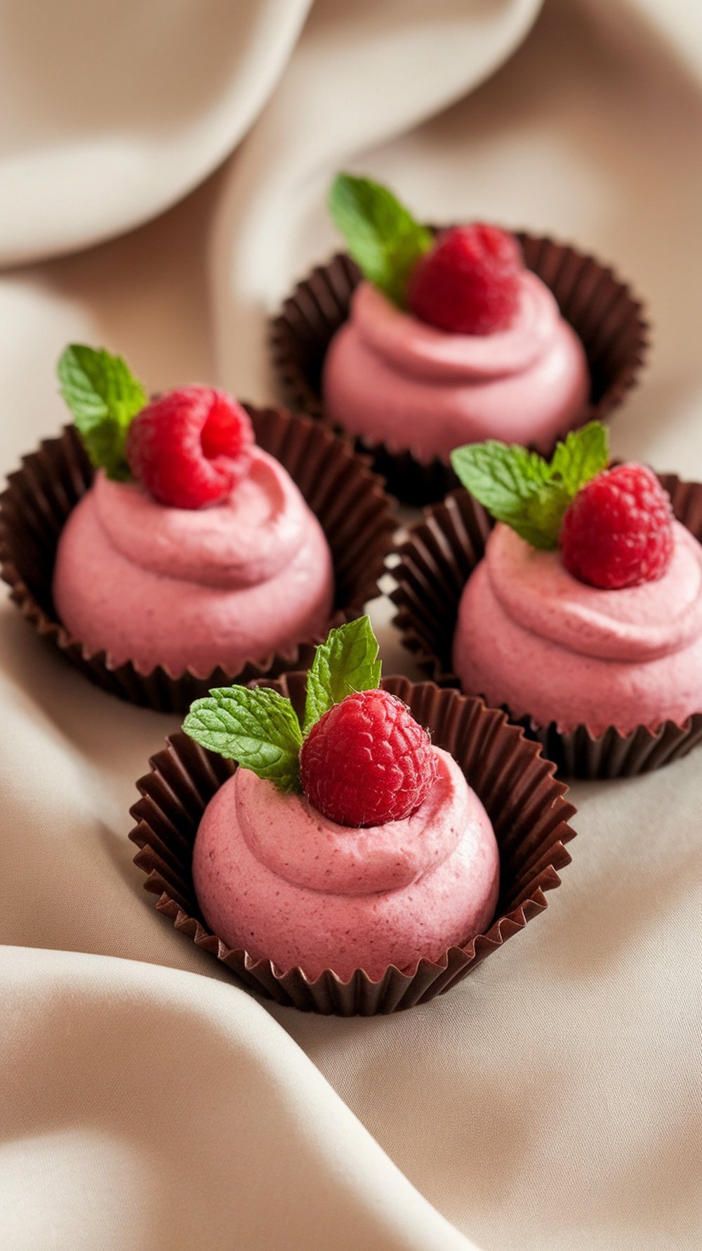 Raspberry mousse served in chocolate cups, garnished with fresh raspberries and mint leaves.