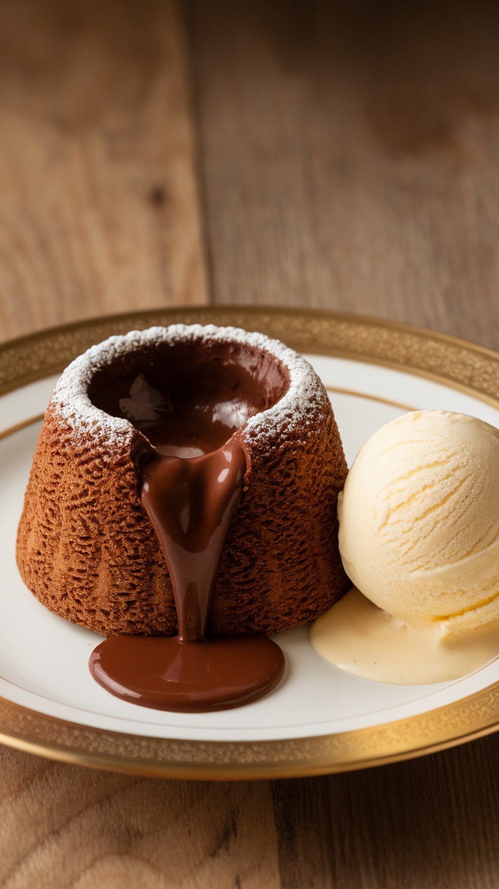 A chocolate lava cake with a gooey center next to a scoop of vanilla ice cream on a decorative plate.