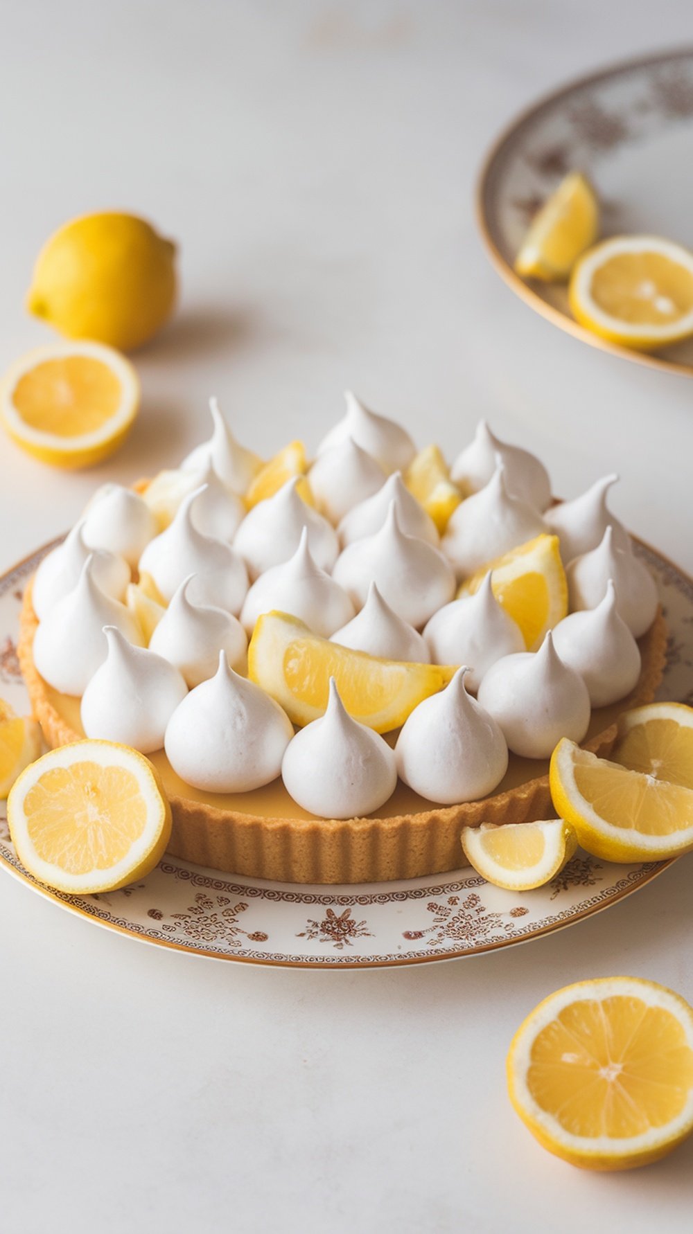 A lemon tart topped with meringue, garnished with lemon slices on a decorative plate.