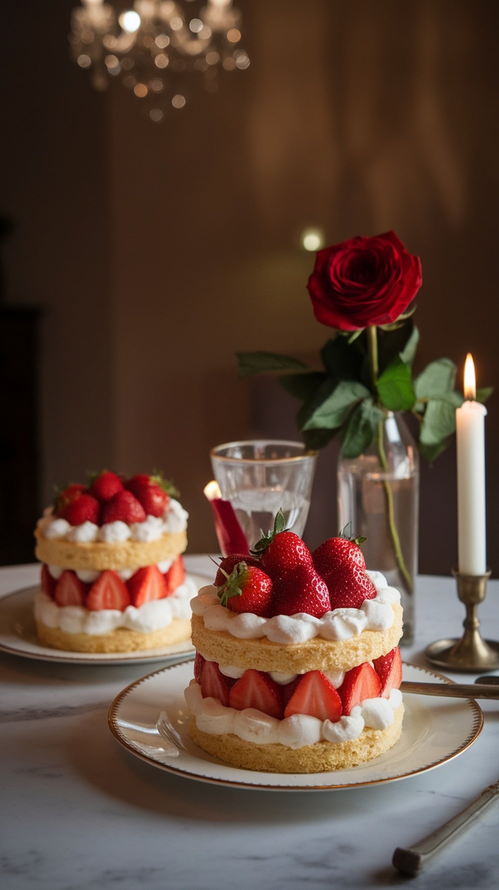 Two strawberry shortcakes with whipped cream and fresh strawberries, surrounded by a rose and candlelight.