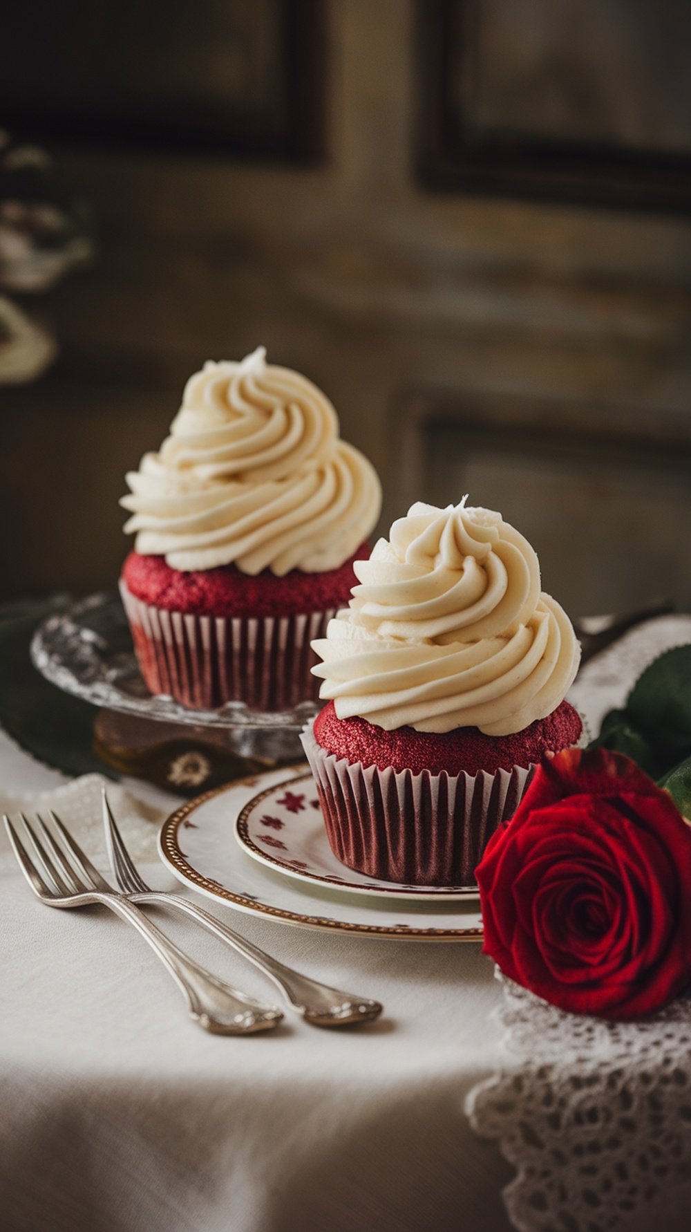 Two red velvet cupcakes with cream cheese frosting on a decorative plate, accompanied by a red rose.