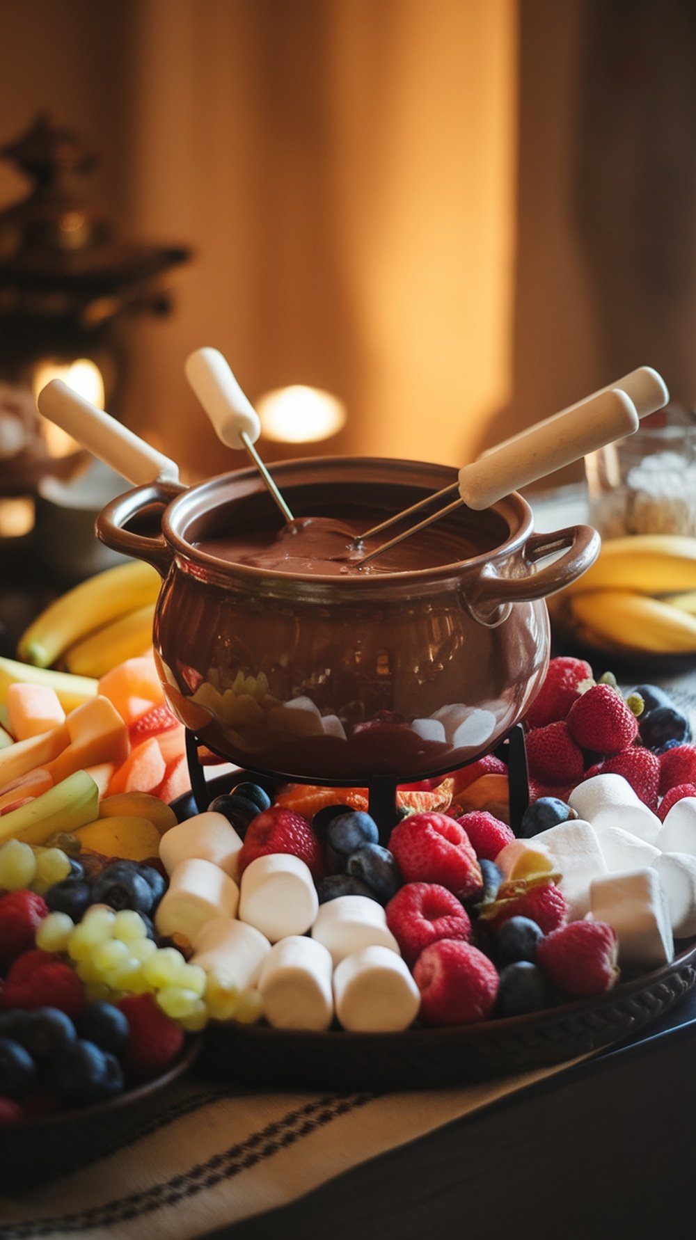 A pot of molten chocolate fondue surrounded by fresh fruits and marshmallows on a platter.