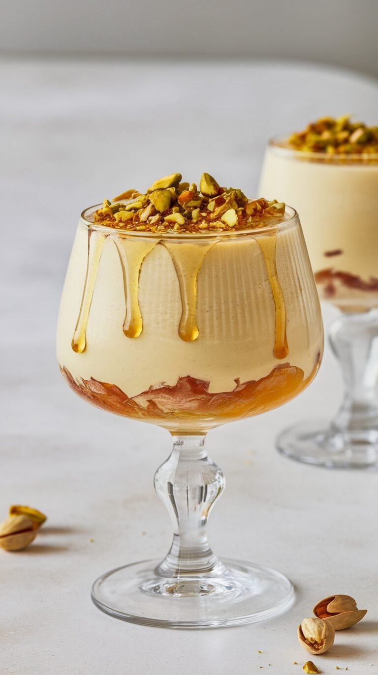 A glass of pistachio panna cotta topped with honey drizzle and chopped pistachios.