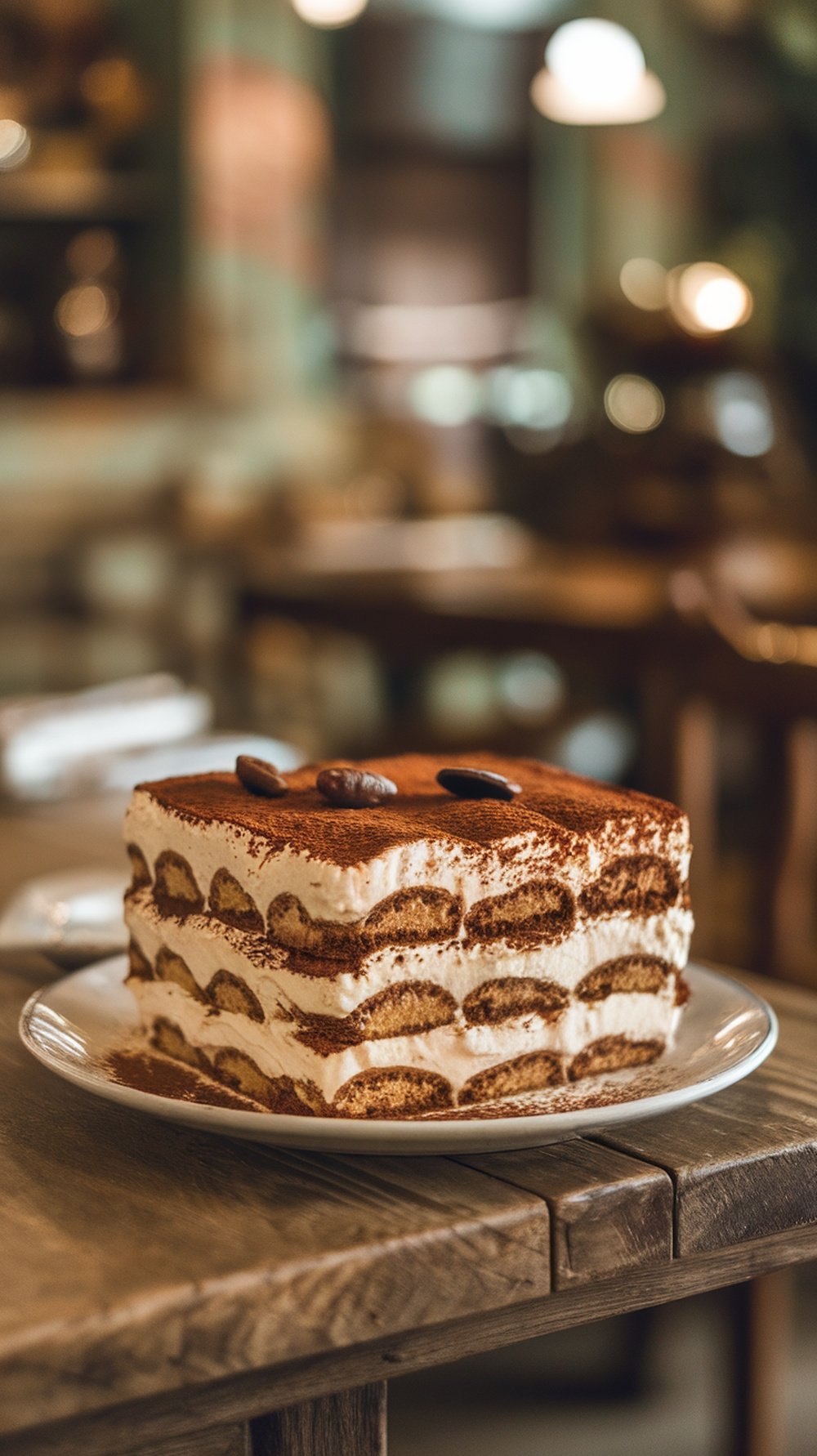 A delicious tiramisu dessert with espresso dusting on a plate, set in a cozy restaurant.