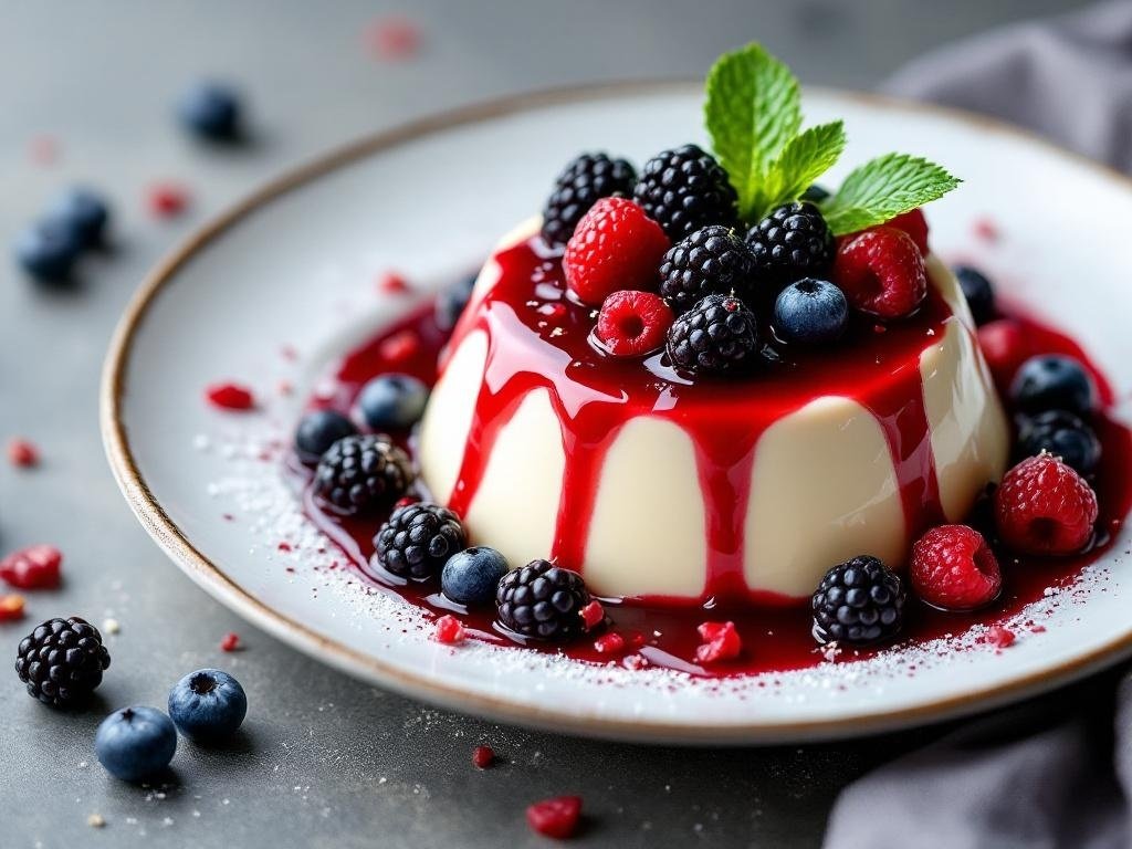 A delicious vanilla bean panna cotta topped with berry sauce and fresh berries on a plate.