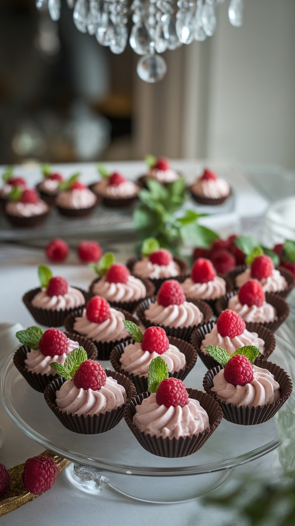 Chocolate cups filled with raspberry mousse, topped with raspberries and mint leaves.