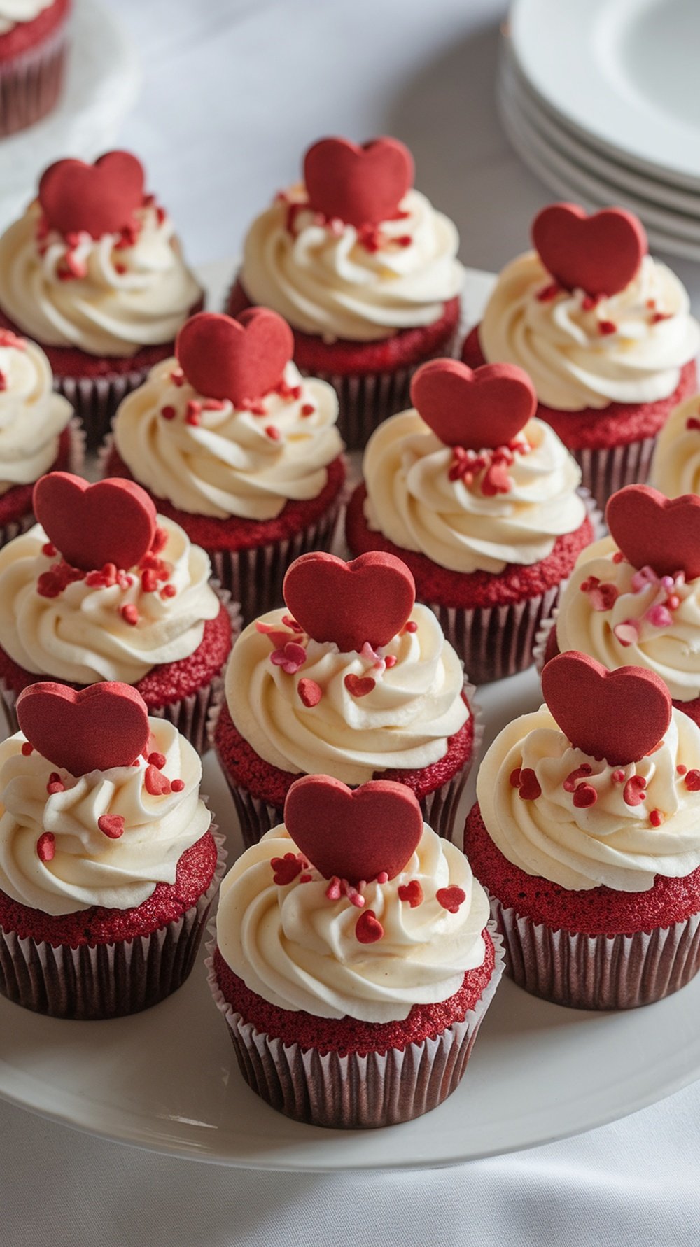 A plate of red velvet cupcakes topped with cream cheese frosting and heart-shaped decorations.