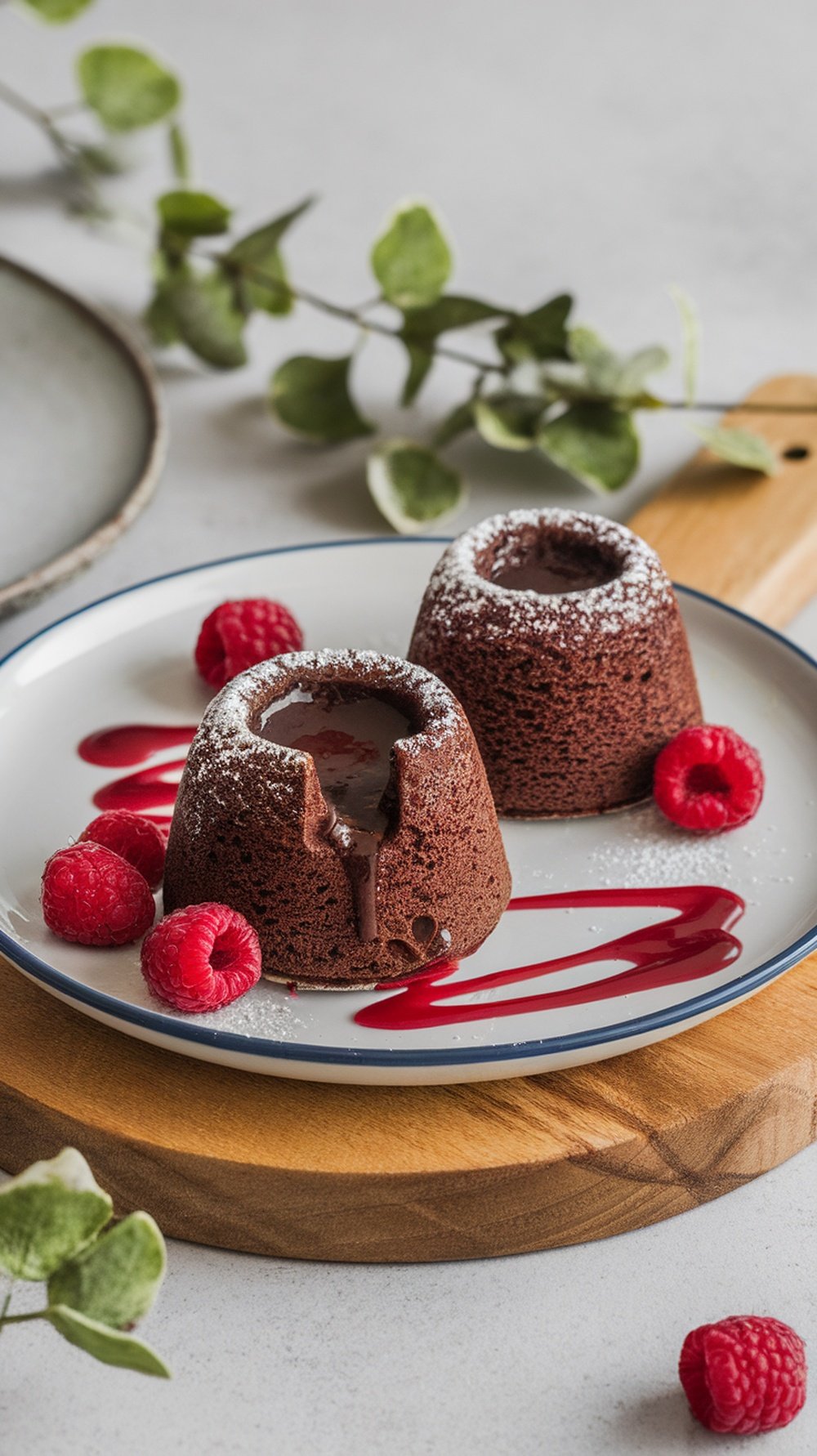 Two chocolate lava cakes on a plate with raspberries and raspberry sauce