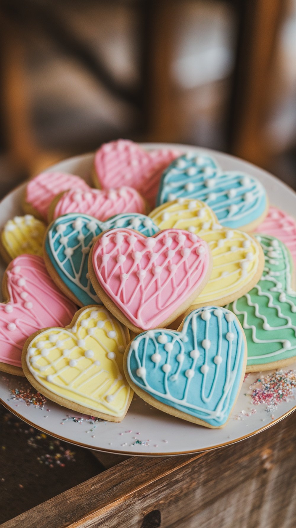 A plate of colorful heart-shaped sugar cookies decorated with icing in pink, blue, yellow, and green.