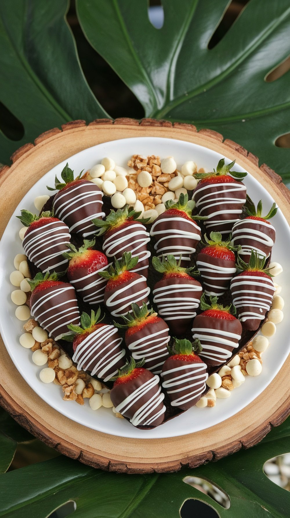 A plate of chocolate-covered strawberries arranged in a heart shape, drizzled with white chocolate, surrounded by white chocolate chips and nuts.