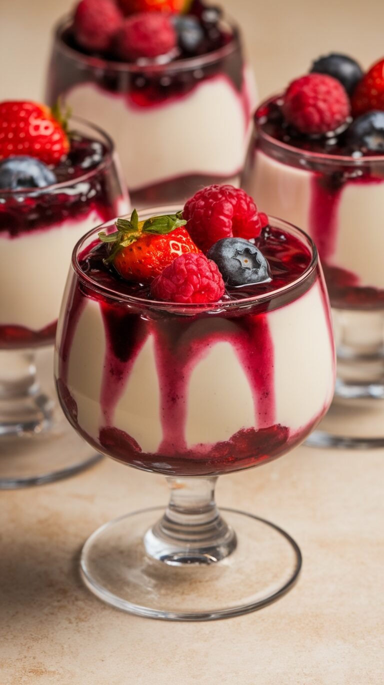 Cups of panna cotta topped with berry compote and fresh berries